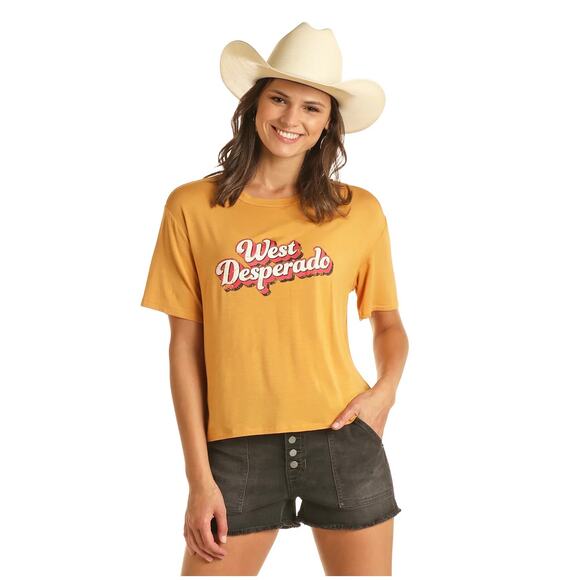 Rock & Roll Denim Women's "West Desperado" Graphic T-Shirt‎ Mustard Yellow - Picture 1 of 7